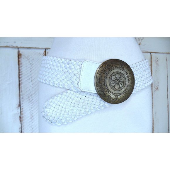 Vintage 90s wide white crackle faux leather metal medallion bohemian gypsy India main image 4